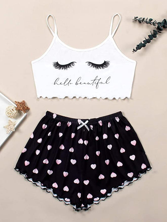 Eye Lashes & Hearts Print PJ Set