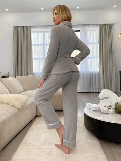 Shawl Collar Belted Flannelette Pajama Set - Grey