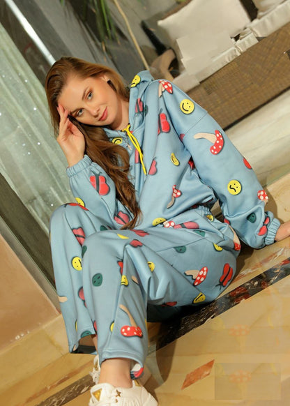 Smile Face Print Hooded Lounge Set