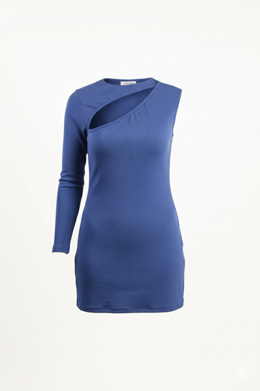 One Shoulder Long Sleeve Ribbed Knit Dress
