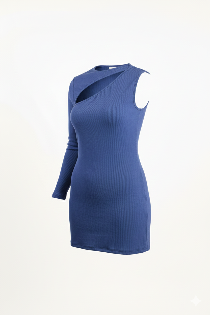 One Shoulder Long Sleeve Ribbed Knit Dress