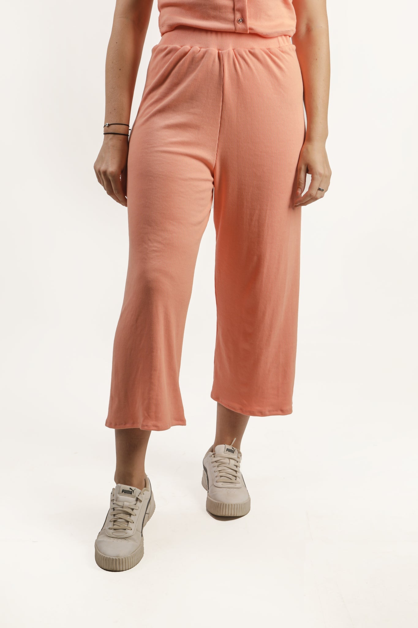 Button Front Top & Wide Leg Pants Set - Light Salmon