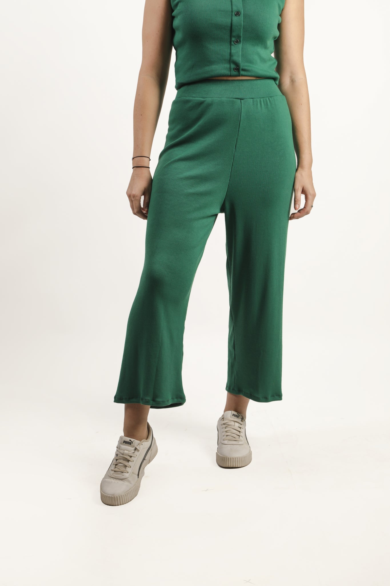 Button Front Top & Wide Leg Pants Set -  Dark Green