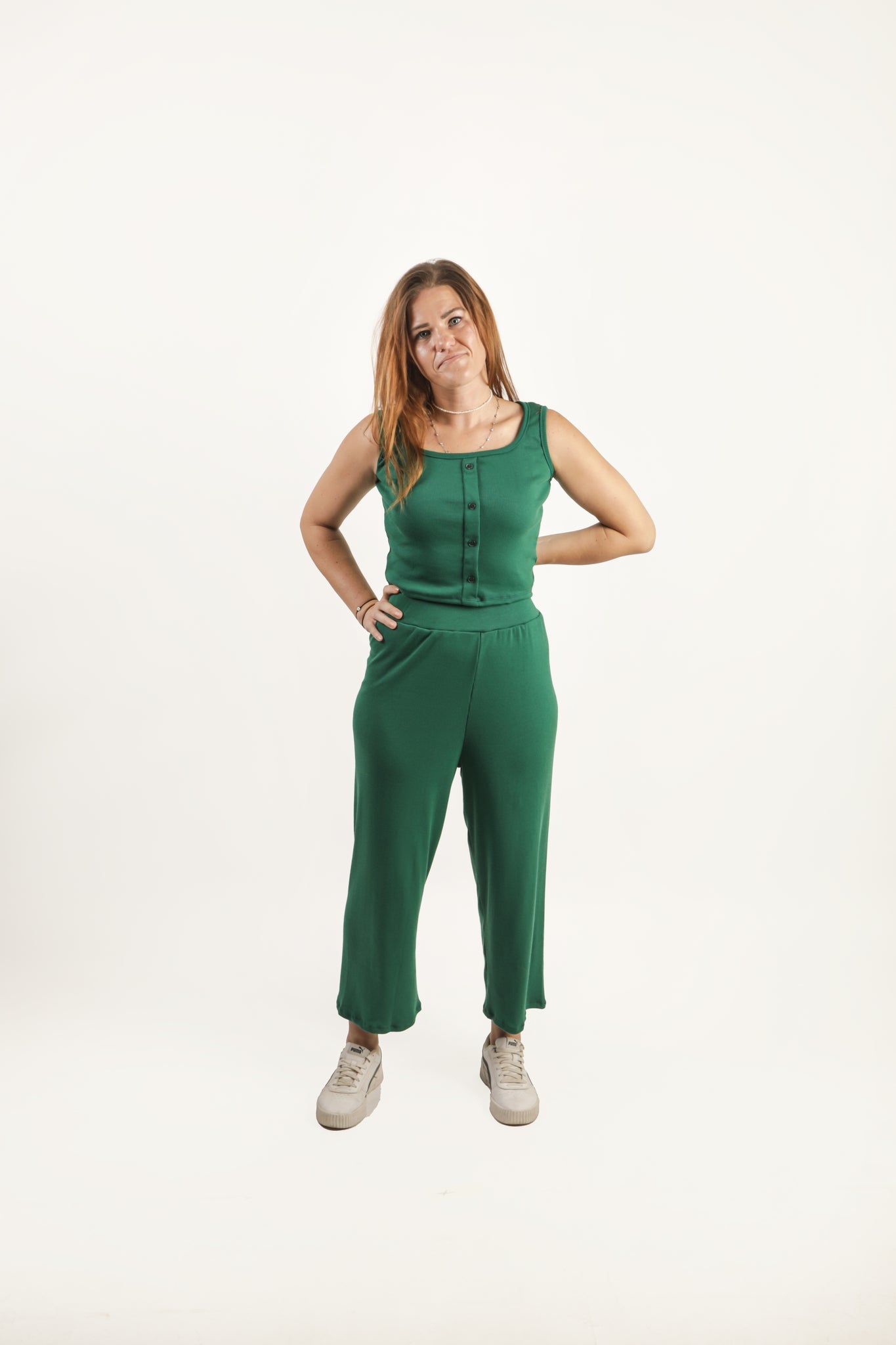 Button Front Top & Wide Leg Pants Set -  Dark Green